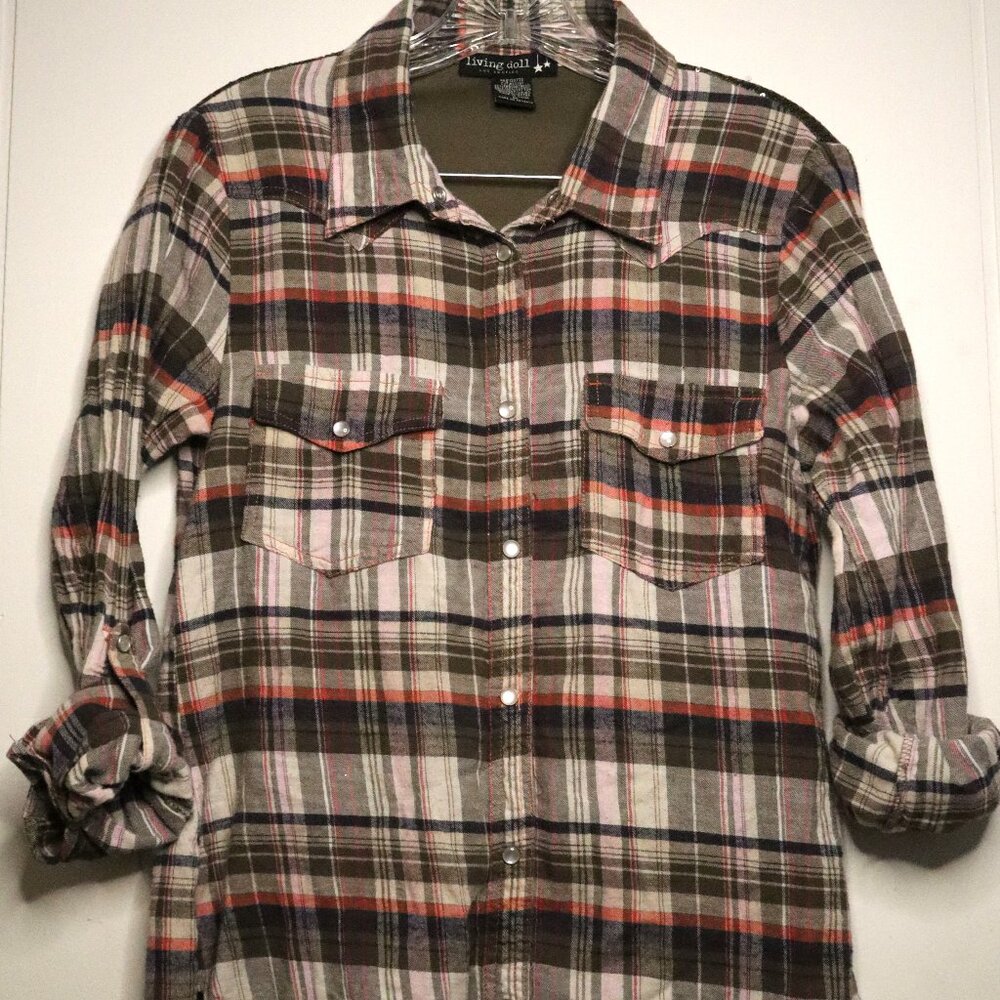 Living Doll Pearl Snap Tan Olive Navy Plaid Sequin Flannel Shirt Women's Medium
